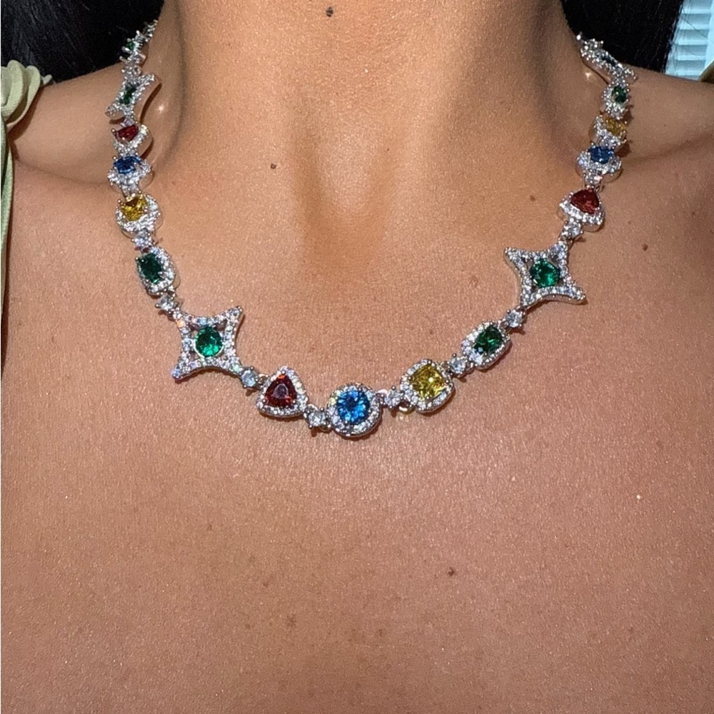Blue and Green Gemstone Necklace with Intricate Metalwork